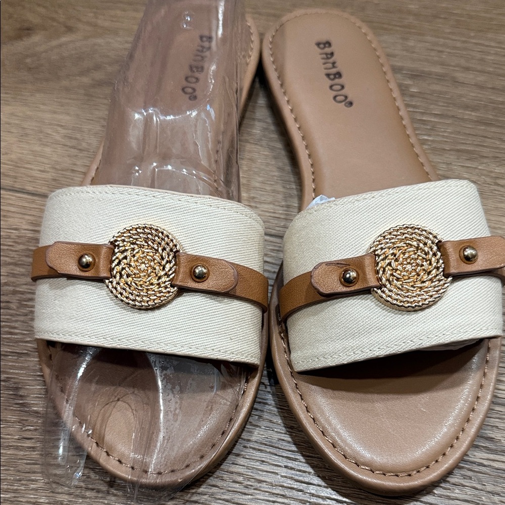 Bamboo Women's Tan and Cream Embellished Sandals